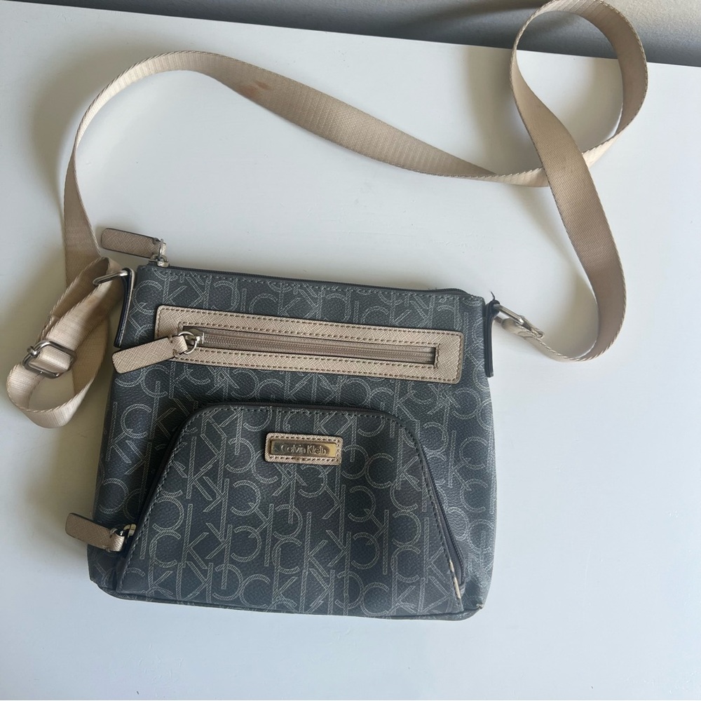 Calvin Klein Signature Crossbody Gray and White with Tan Trim